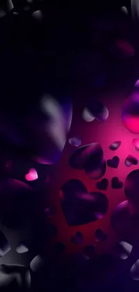 This phone live wallpaper showcases a stunning digital art picture of several hearts arranged in a mesmerizing pattern on a purple and black background