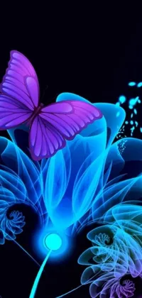 Bring your phone's home screen to life with a stunning, high quality live wallpaper featuring a beautiful purple butterfly perched on a vibrant blue flower