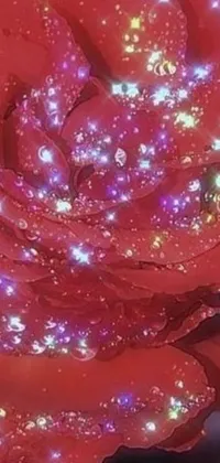 This live wallpaper features a close-up of a vibrant red rose with sparkling particles in vaporwave style