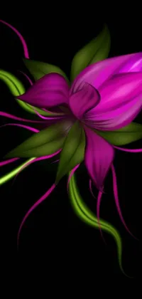 Enhance your phone's display with this captivating live wallpaper featuring a digitally rendered purple blossom and lush green foliage on a black background