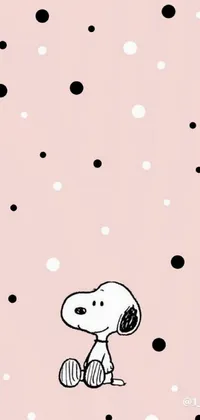 Looking for a delightful phone live wallpaper? Check out this cute cartoon dog sitting on a pink surface surrounded by black dots
