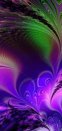 This phone live wallpaper features an intricate and captivating computer generated image of a purple and green swirl adorned with purple feathers and iridescent accents