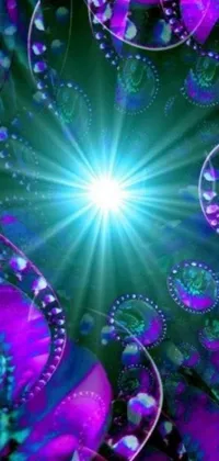 This live wallpaper features a stunning close-up of a purple and blue flower surrounded by psychedelic art, twinkling sparkles, sun rays, and glowing bioluminescent orbs