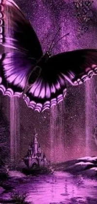 This phone live wallpaper features a stunning purple butterfly perched atop a foreboding waterfall in a dark, gothic art-themed frame