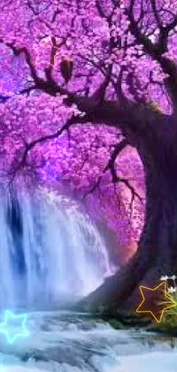 This stunning live phone wallpaper features a purple color scheme and captures the romanticism and tranquility of a tree next to a waterfall