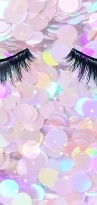 This live phone wallpaper features a beautiful close-up of false eyelashes set against a vibrant confetti background