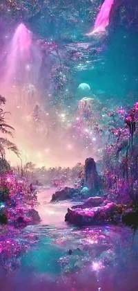 This mesmerizing live phone wallpaper depicts a digital art fantasy world with a river flowing through a lush green forest