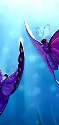 Looking for a serene, nature-inspired live wallpaper for your phone? Look no further than this stunning design, featuring two purple butterflies drifting through a vibrant blue sky