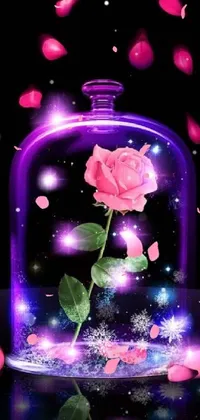 This enchanting live wallpaper boasts a pink rose in a glass jar on a table, with captivating digital art that exudes a sense of romance