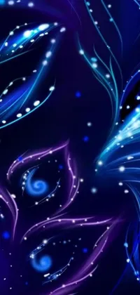 This live phone wallpaper features a magnificent close-up of a purple and blue flower, rendered in stunning digital art and accompanied by sparkling fireflies and wisps