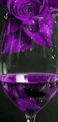 This live wallpaper boasts a gorgeous purple rose floating in a wine glass, all set against a background of realistic rain droplets