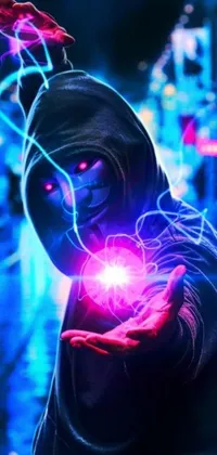 This phone live wallpaper showcases a cyberpunk cityscape, featuring a mysterious figure in a dark hoodie holding a glowing ball