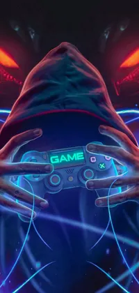 This dynamic live wallpaper features a figure in a hoodie holding a video game controller amidst stunning cyberpunk art