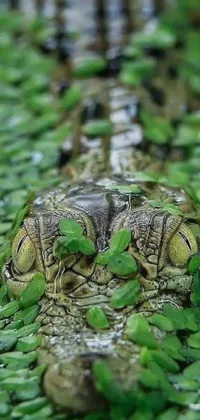 This phone live wallpaper showcases a close up of an alligator in a serene body of water surrounded by lush green plants