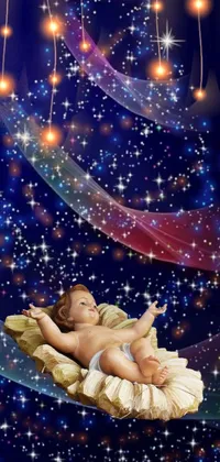 This live phone wallpaper features a baby in a crib surrounded by sparkling stars and multiversal ornaments, set against a heavenly background