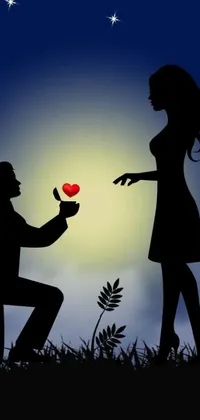 This night-themed phone live wallpaper showcases a romantic gesture of a man proposing to his partner by holding a heart shape