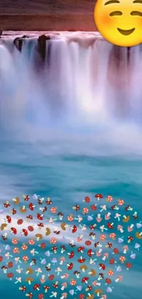 This live wallpaper features a heart-shaped balloon against a natural waterfall backdrop, surrounded by swimming fish flocks