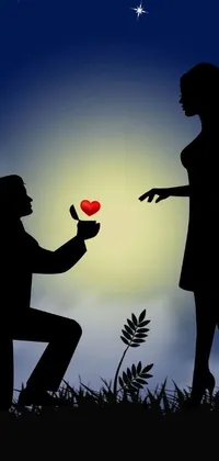 This mobile live wallpaper showcases a heart in a man's hand while kneeling next to a woman