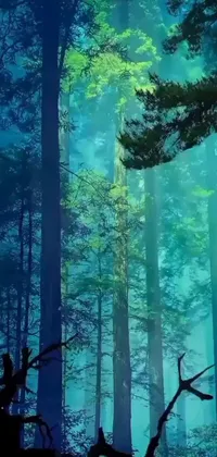 This phone live wallpaper features a lush forest with tall trees and rich greens and browns, inspired by environmental art and animation film stills