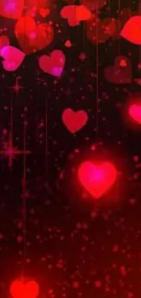 Add some fun and romance to your phone with this stunning live wallpaper featuring a floating array of red hearts surrounded by a glittery effect