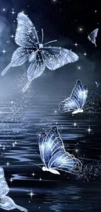 This stunning phone live wallpaper depicts a beautiful scene of butterflies in flight over a serene body of water