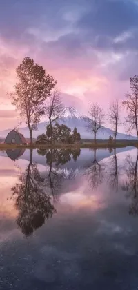 Enjoy a captivating live wallpaper that depicts a serene lake surrounded by towering trees and a majestic mountain range in the background