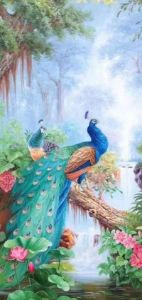 Adorn your phone screen with a majestic peacock, perched on a tree branch, in this captivating live wallpaper