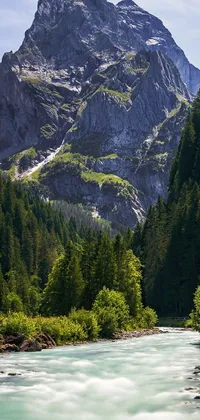 This phone live wallpaper showcases the serene beauty of a river with a mountain in the background, situated amid the Swiss Alps