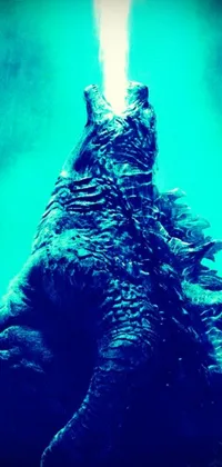 This phone live wallpaper depicts a stylized and highly detailed Godzilla standing in front of a bright light, roaring menacingly in a poster art style