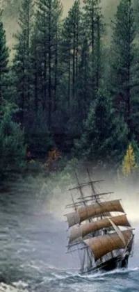 Enjoy a scenic live wallpaper for your phone featuring a romantic scene of a boat floating in calm waters with green trees in the background