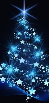 This phone live wallpaper boasts a stunning blue Christmas tree with shining stars, rendered in free digital art sourced from Pixabay