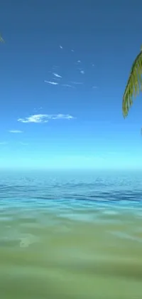 This phone live wallpaper features an idyllic tropical scene, with two palm trees swaying in the breeze amidst calm waters in the middle of the ocean