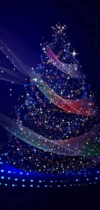 Get into the holiday spirit with this stunning live wallpaper for your phone! Featuring a beautiful blue background with a swirling and glowing spiral pattern, this design is the perfect backdrop for a vibrant Christmas tree made entirely of stars in varying sizes