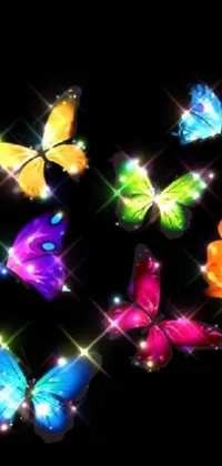 Add a unique touch of nature to your phone's screen with this stunning live wallpaper featuring vibrant butterflies fluttering on a black background
