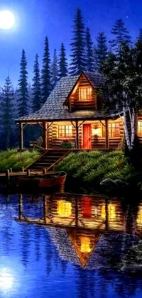 Get lost in the captivating and tranquil setting of this phone live wallpaper - a serene painting of a quaint cabin on a peaceful lake, illuminated by the starry night sky