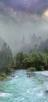 This stunning phone live wallpaper features a river flowing through a lush green forest, surrounded by swirling cyan mist and a magical fae wilds sky