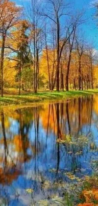 This live phone wallpaper depicts a realistic painting of a body of water surrounded by trees, with beautiful fall leaves falling onto the surface