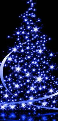 This phone live wallpaper showcases a modern blue Christmas tree on a black backdrop, adorned with brilliant glowing stars, and white lasers for an exquisite festive feel