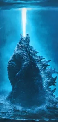 This stunning live wallpaper depicts the iconic Godzilla standing tall in the midst of a massive body of water