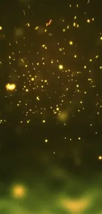 This phone live wallpaper showcases a mesmerizing display of yellow fireflies in flight against a night sky