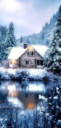 Embrace the winter season with this picturesque live wallpaper featuring a quaint cabin nestled in a snowy forest
