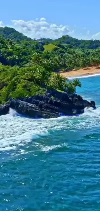 This phone live wallpaper showcases a mesmerizing tropical beach paradise featuring a large body of water adjacent to a lush green hillside