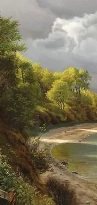 This live wallpaper for your phone features a breathtaking painting of a body of water surrounded by trees on a tranquil beach