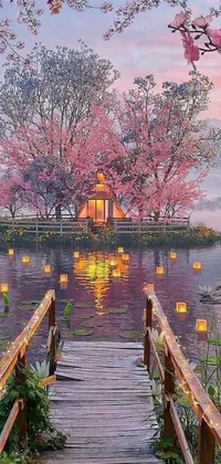 This phone live wallpaper showcases a picturesque wooden bridge over a calm water body that changes based on the seasons