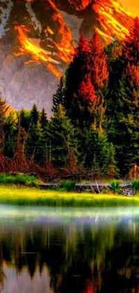 This stunning phone live wallpaper depicts a serene lake in an Indian forest surrounded by vibrant red and green autumn hues
