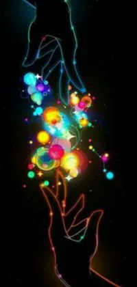 This live wallpaper features two hands reaching for colorful bubbles in a dark background, in neon vector art