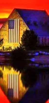 This phone live wallpaper features a beautiful American church with a waving American flag reflecting in the water