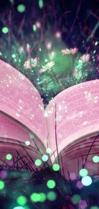 This vibrant phone live wallpaper showcases an open book set against a lush green field