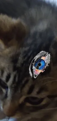 This phone live wallpaper features a close-up of a cat with a jewel on its head set against a futuristic cyberpunk backdrop