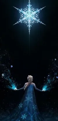 This phone live wallpaper features a beautiful frozen princess standing in front of a stunning snowflake